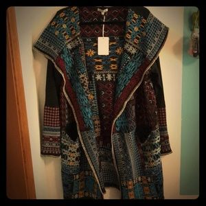 Long embroidered black hooded cardigan